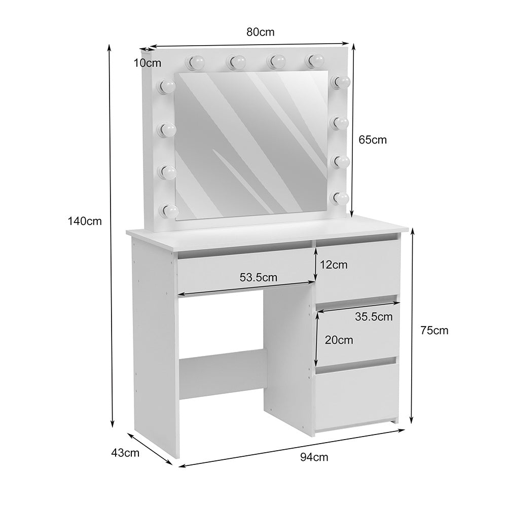 Hollywood Dressing Table with LED Mirror 12 Bulbs and 4 Drawers