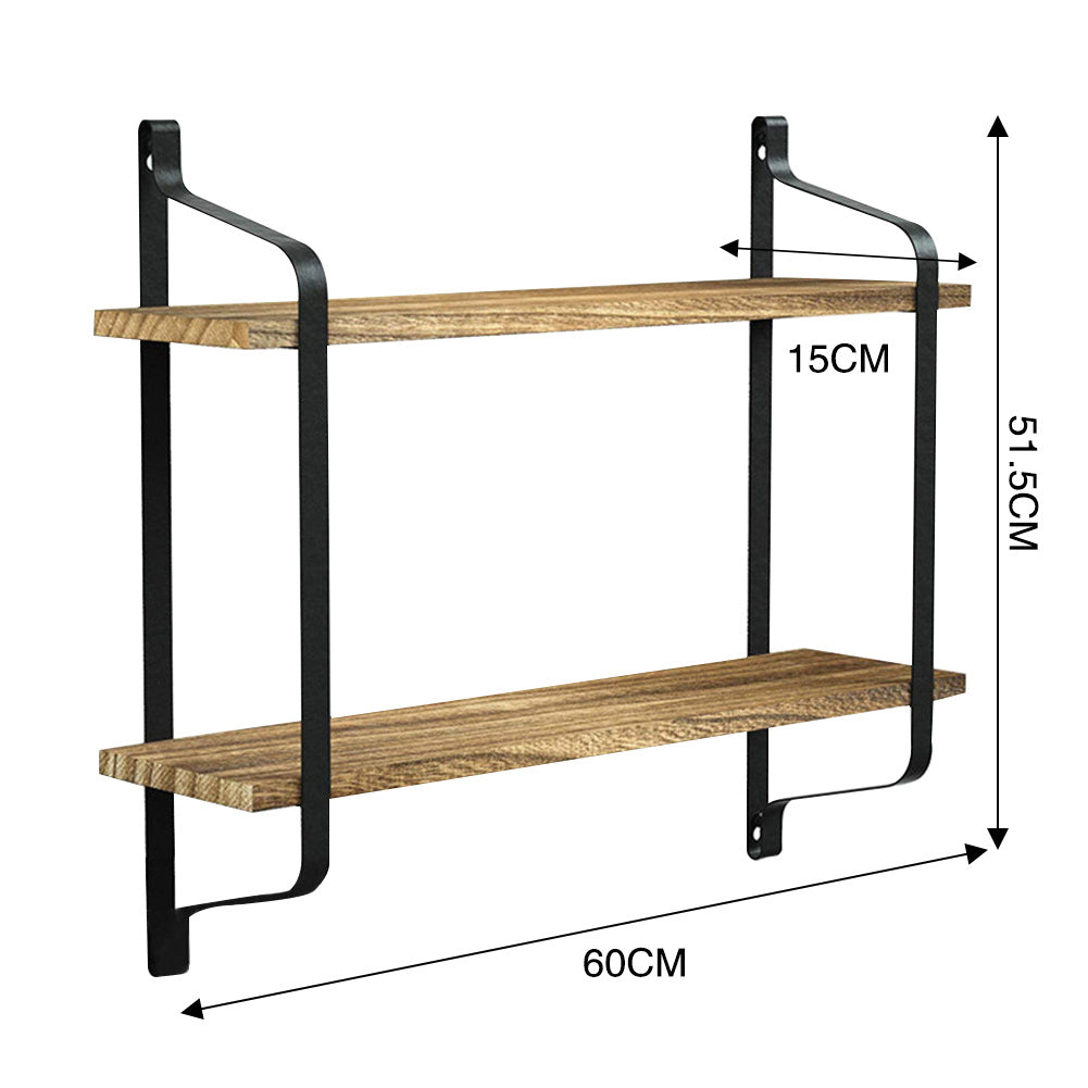 2 Tier Industrial Wall Floating Shelf Rustic Pine Wood Storage