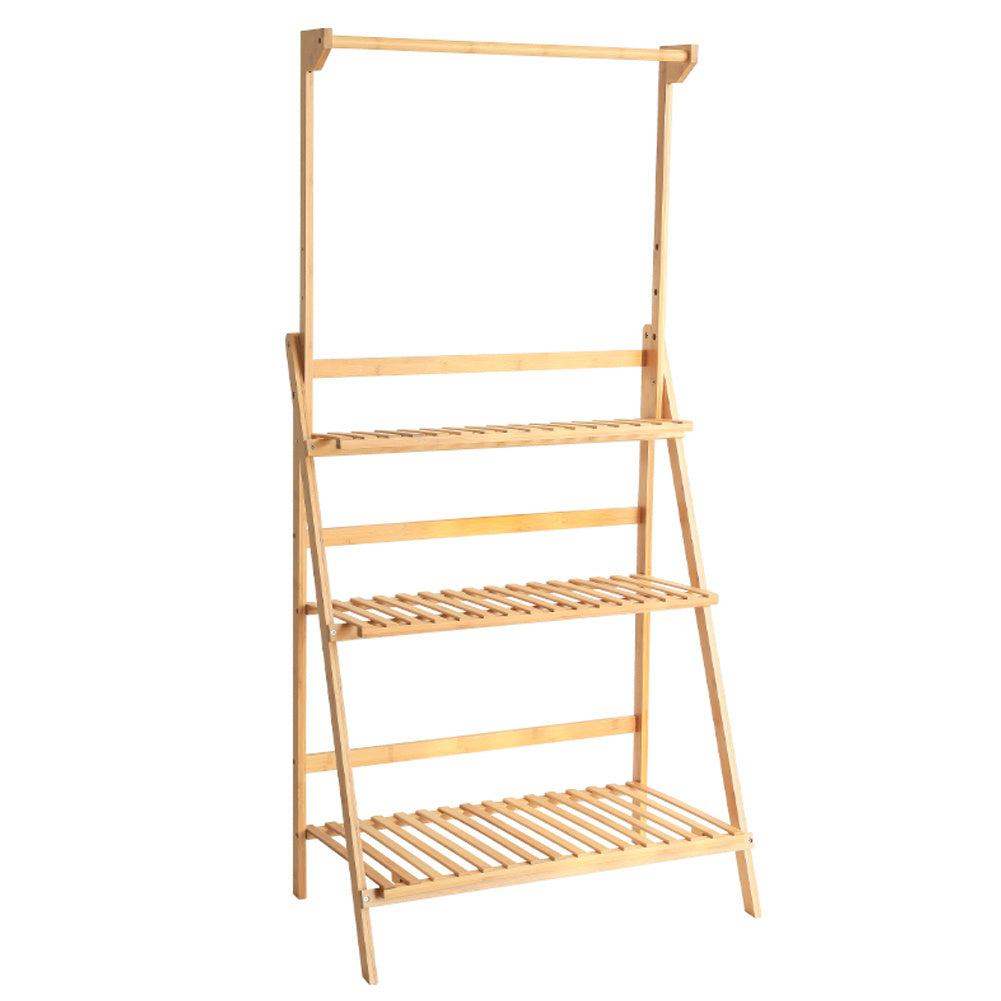 3 Tier Ladder Foldable Plant Stand with Hanging Bar, Wood