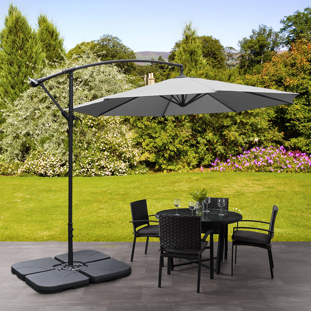Garden 3M Light Grey Banana Parasol Cantilever Hanging Sun Shade Umbrella Shelter with Square Base