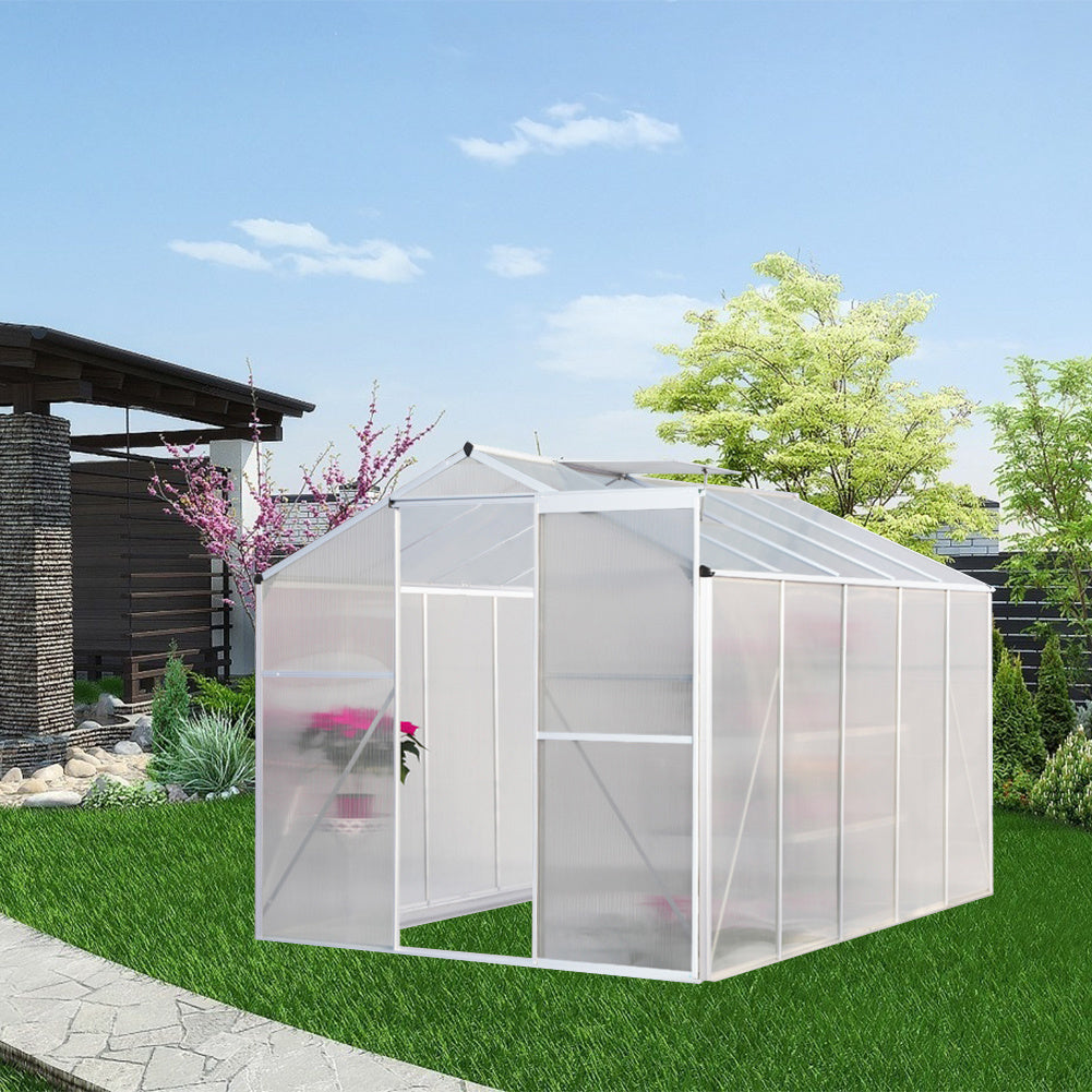 10ft x 6ft Greenhouse Polycarbonate Aluminium Greenhouse with Window and Sliding Door