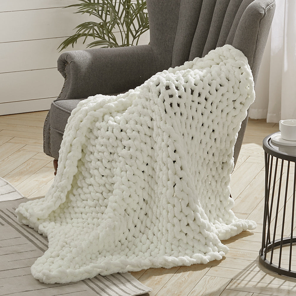 Milk White Hand Woven Chenille Blanket for Couch and Bed