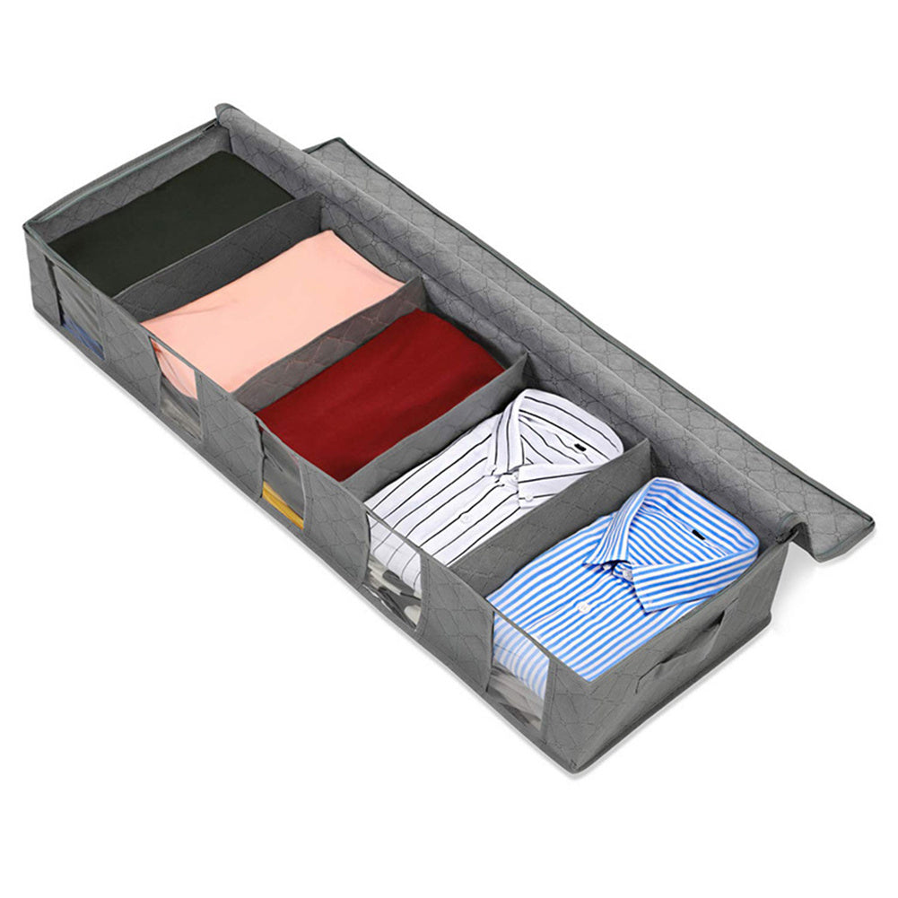 Grey Under-bed Storage Organizer with 5 Compartments Zip Closure Handles