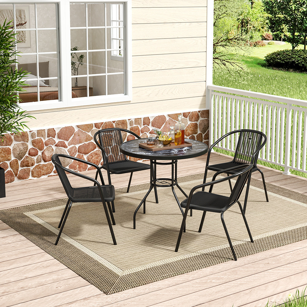 Black Round Garden Tempered Glass Marble Coffee Table with Four chairs