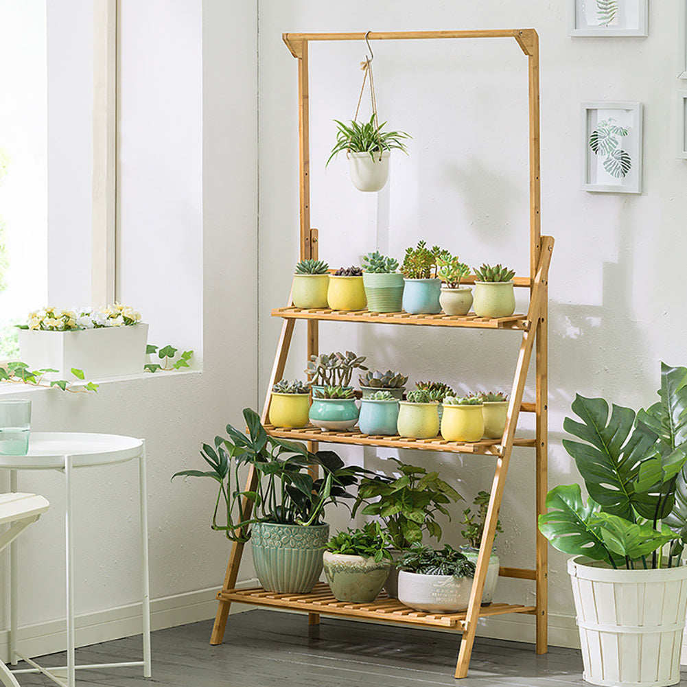 3 Tier Ladder Foldable Plant Stand with Hanging Bar, Wood