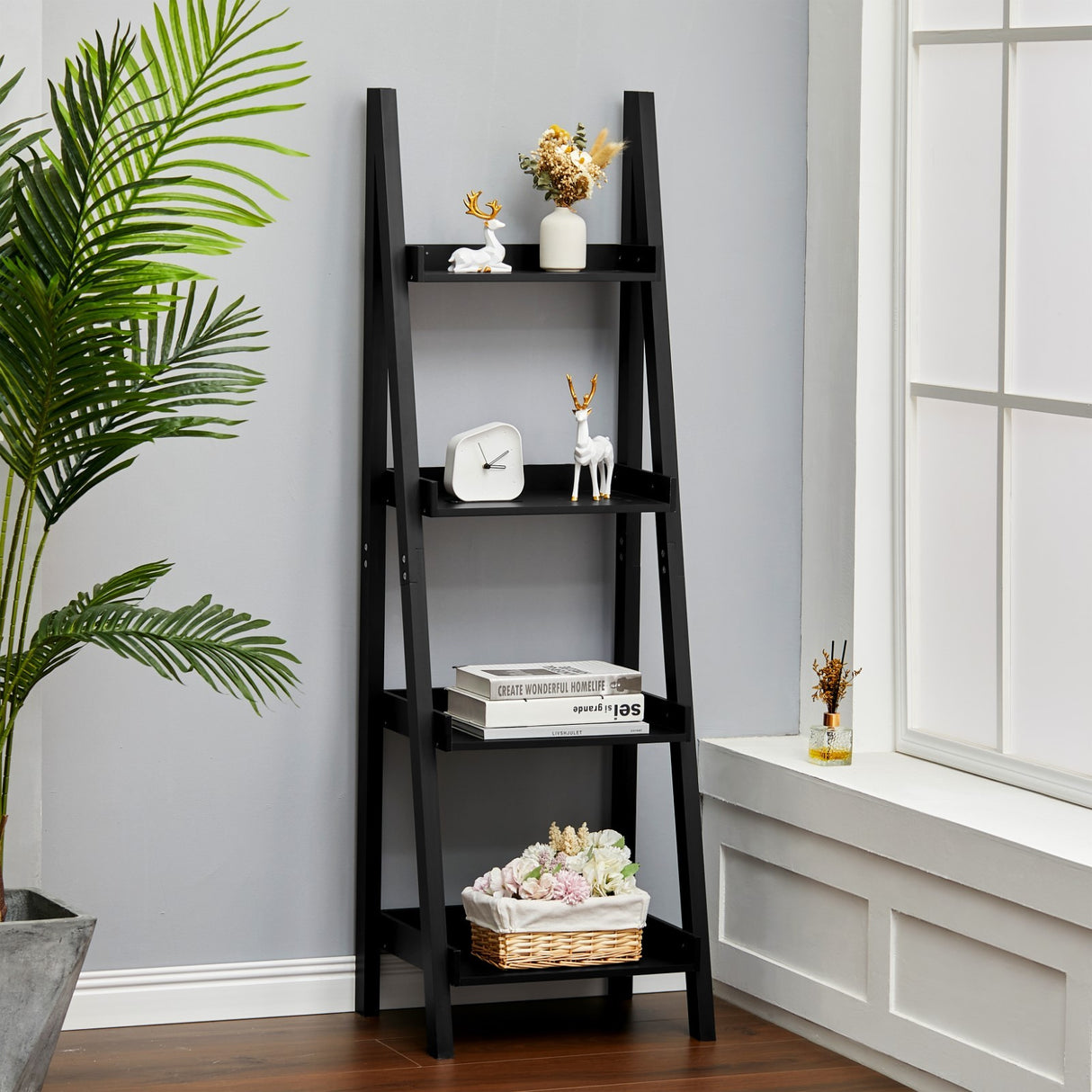 Black Modern Wooden 4-Tier Ladder Shelf