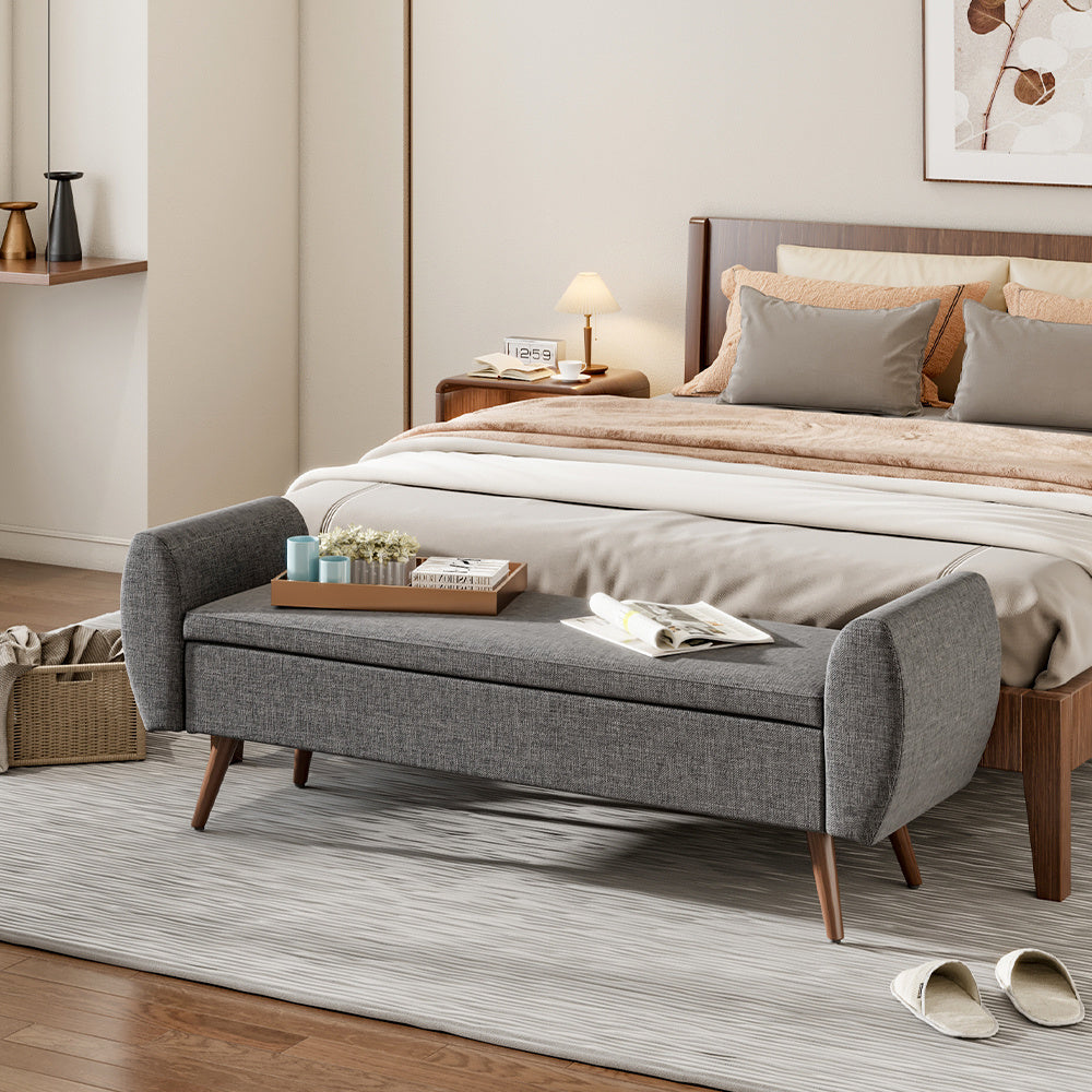 Linen Upholstered Storage Bench with Hidden Storage and Cushioned Seat
