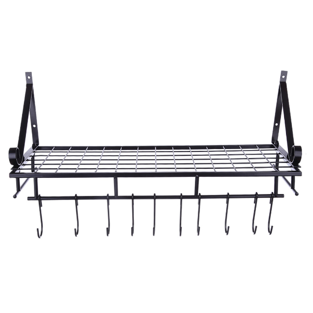 60CM Wall Mounted Kitchen Organiser Rack Hanging Pot Pan Shelf with Hooks