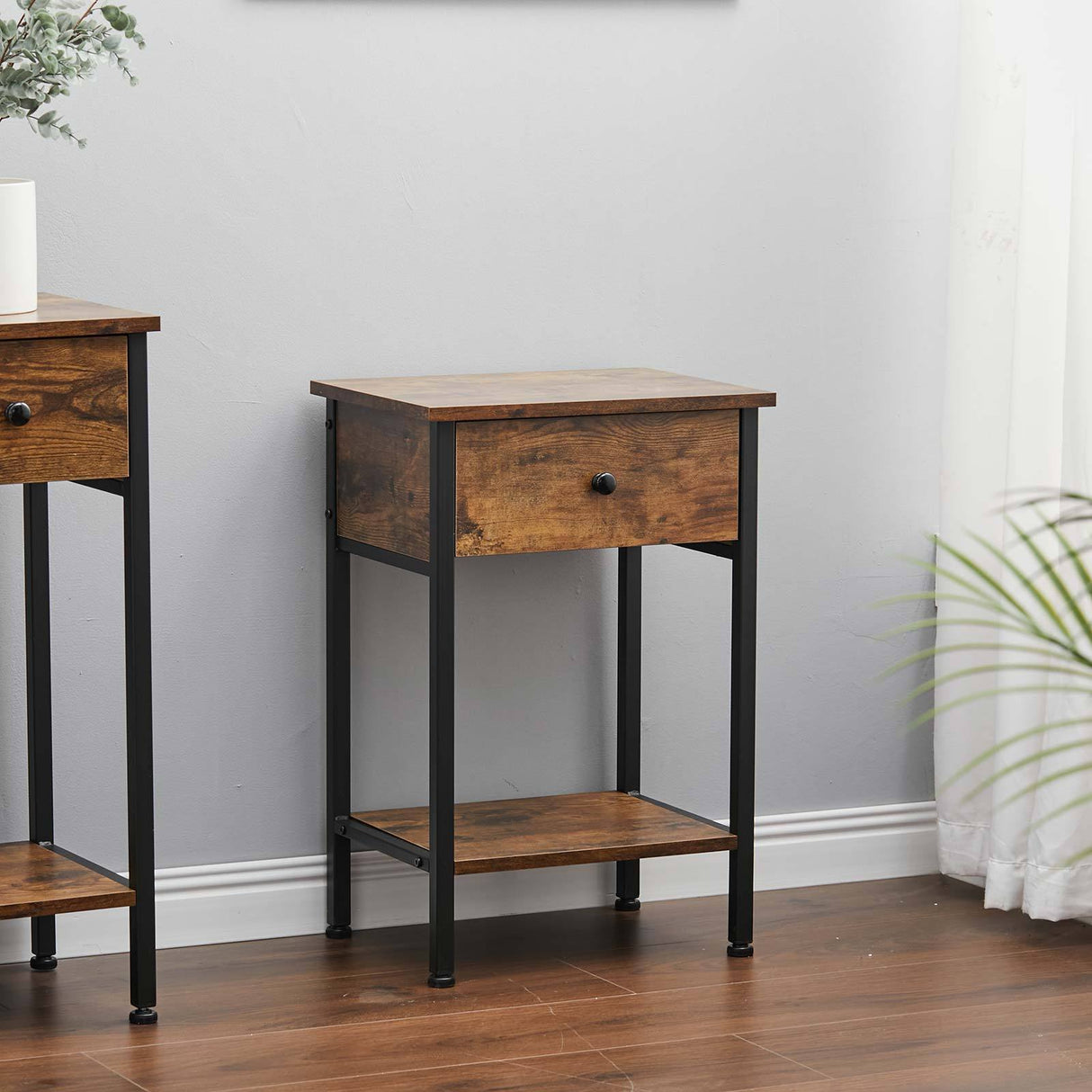 40cm Industrial Rustic Wood Look Side Table with Storage Drawer