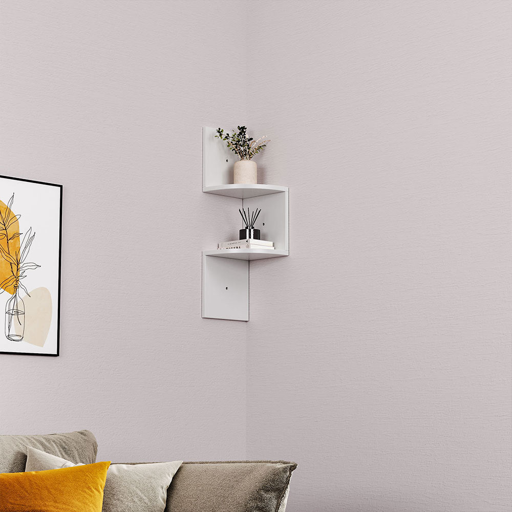 2 Tier Floating Wall Corner Shelves Display Storage Rack, White