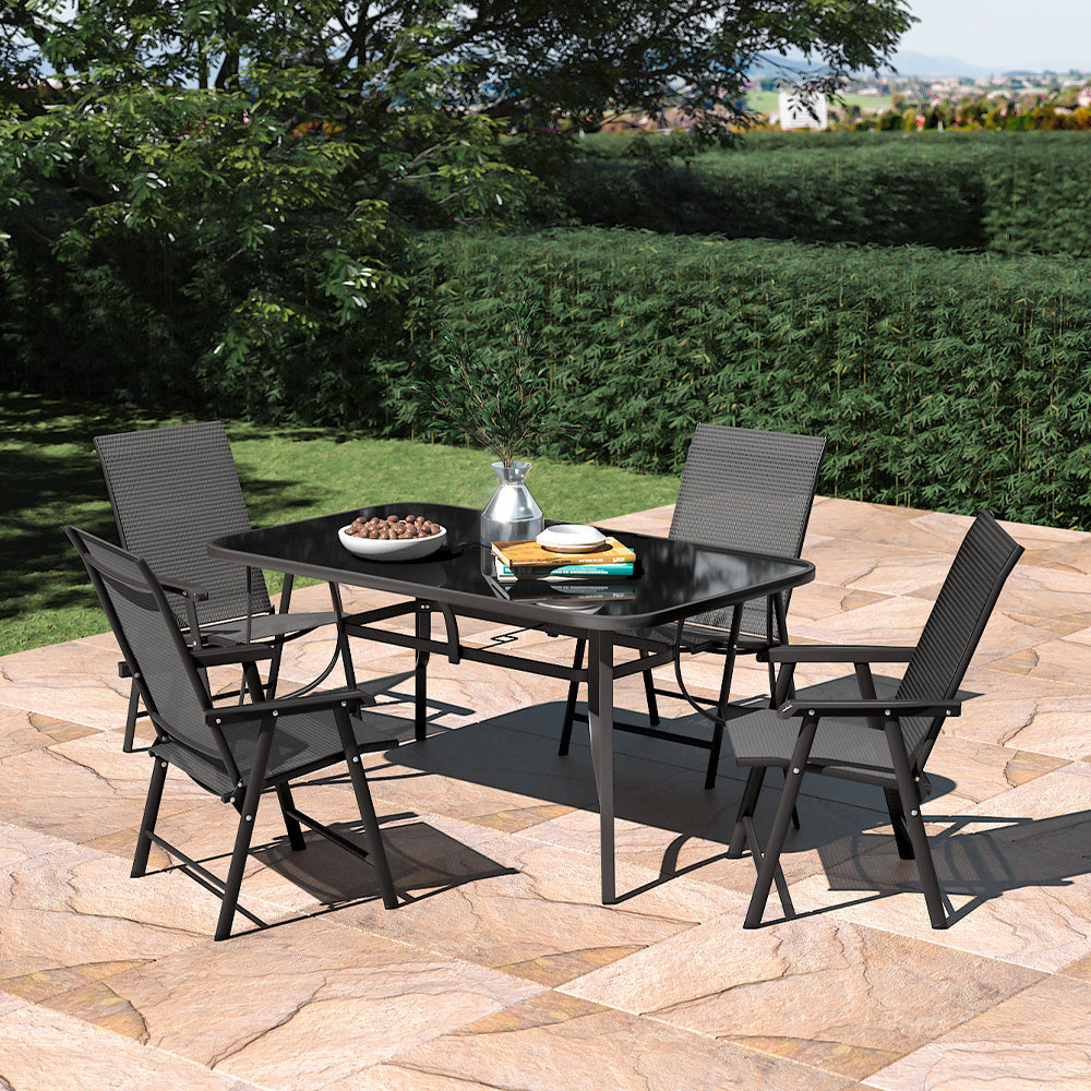 Set of 5 Garden 150CM Rectangle Glass Umbrella Table and Folding Chairs Set