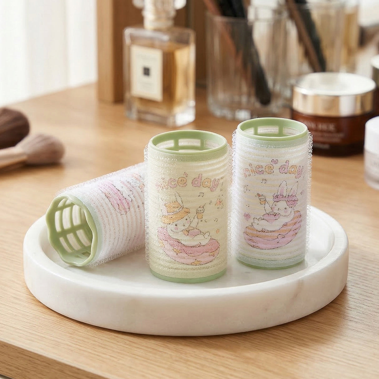 3 Pack Self Grip Hair Rollers Set Heatless Curlers Green Styling Kit