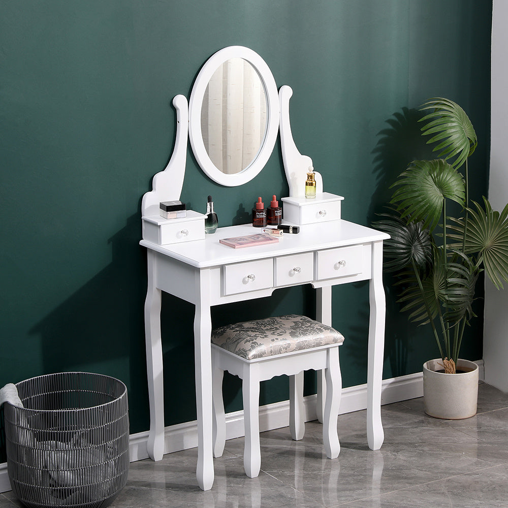 White Makeup Vanity Table with Adjustable Mirror Stool and 5 Drawers