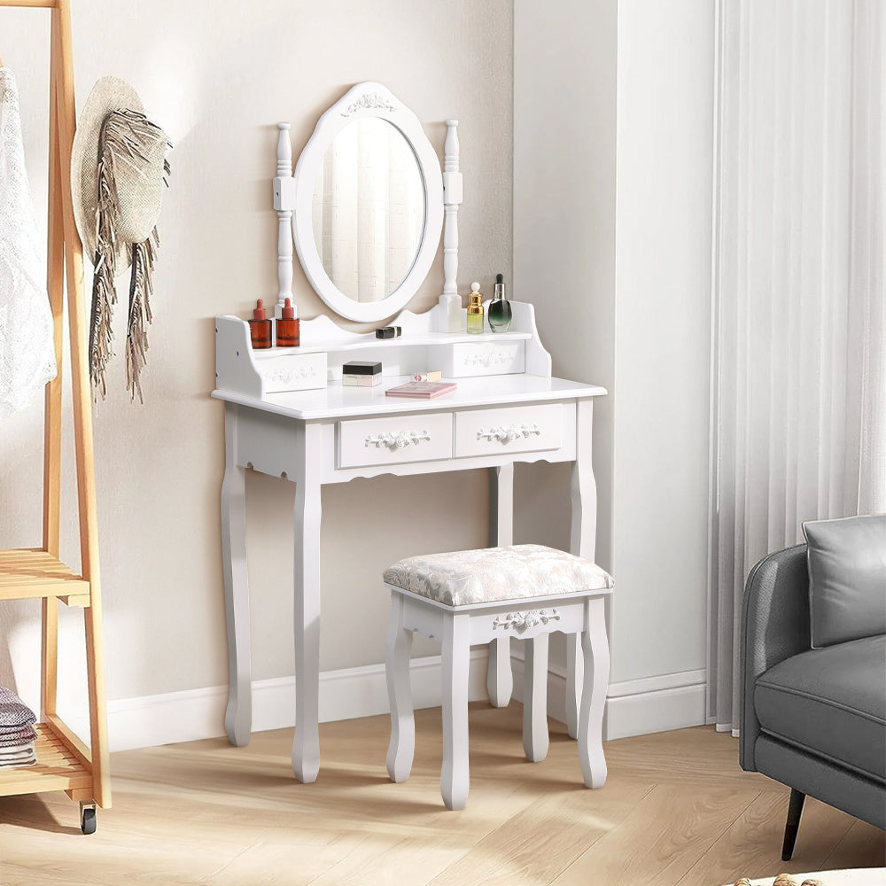 White 4 Drawers Dressing Table with Mirror and Stool Set