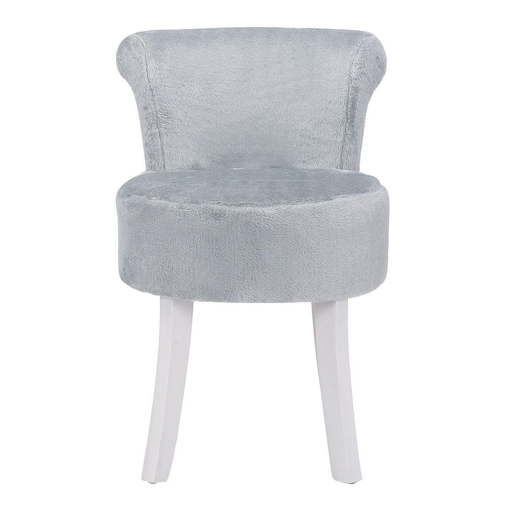 Plush Shaggy Plush Vanity Stool White Wooden Legs, Grey
