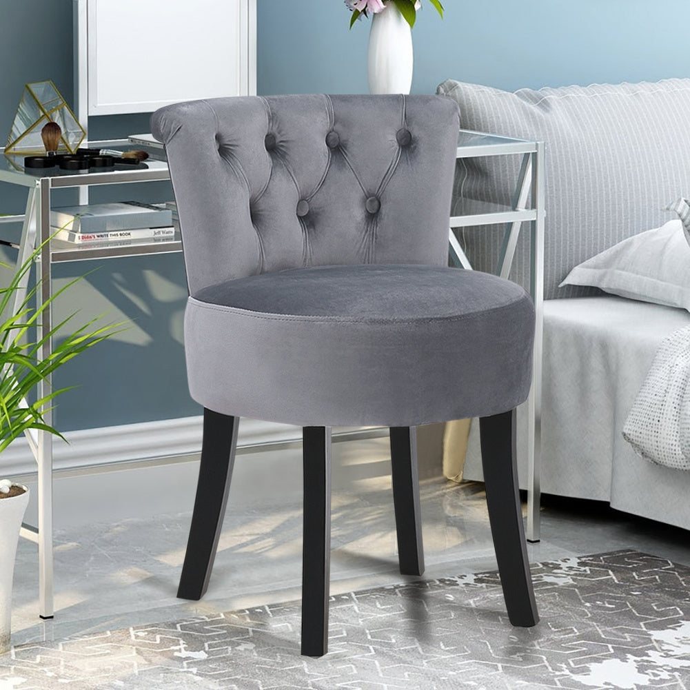 Velvet Buttoned Wing Back Vanity Stool Black Wooden Legs, Grey