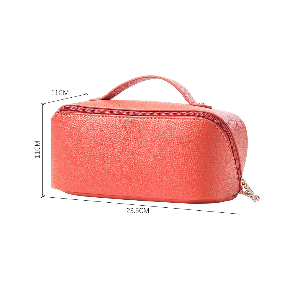Orange Leather Portable Travel Toiletries Makeup Bag