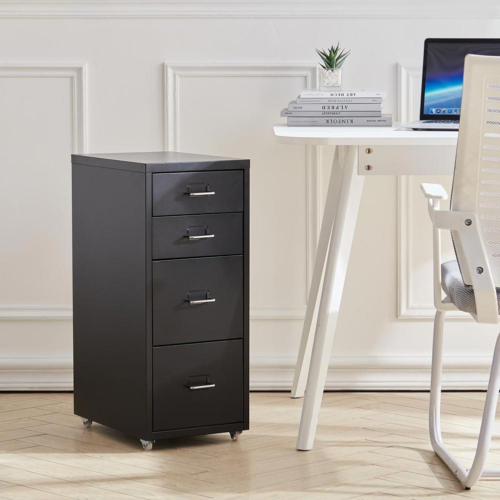 Office Rolling File Cabinet with 4 Drawers Shelf and Wheels, Black