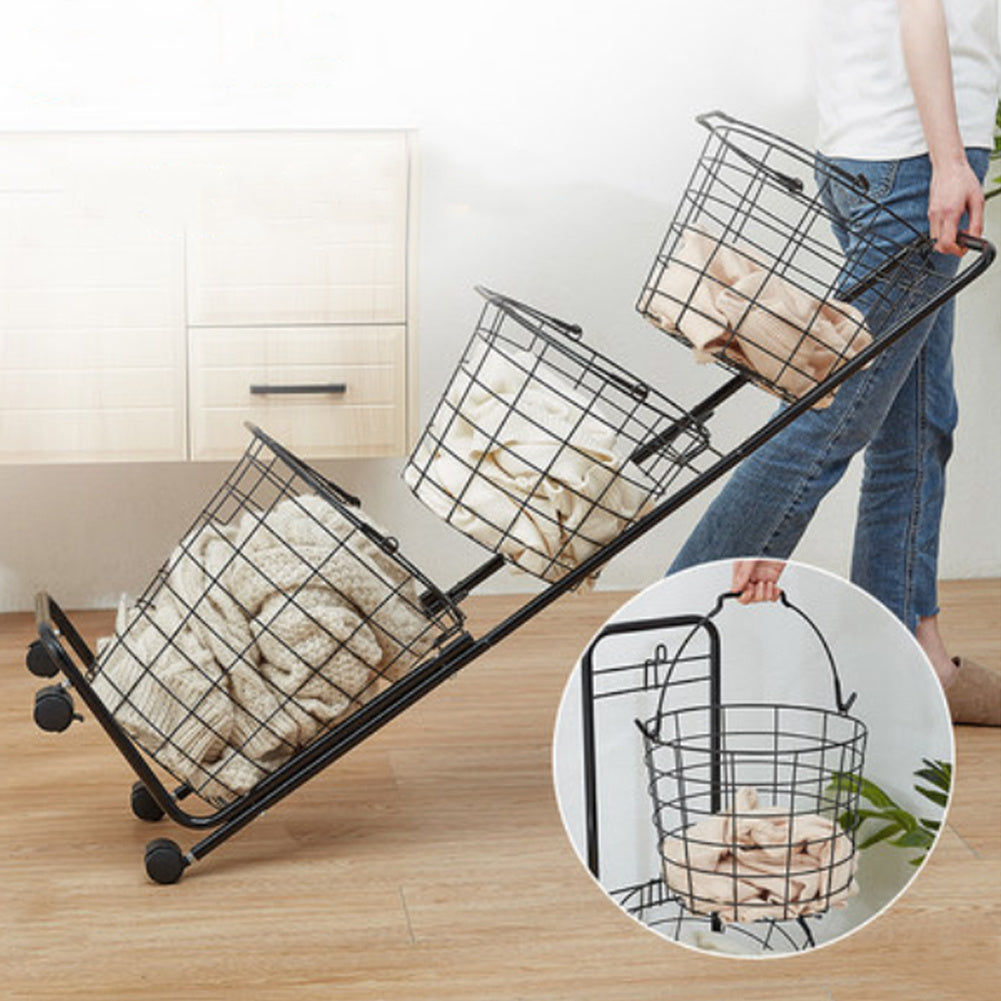 3 Tier Black Laundry Basket with Wheels Metal Rolling Storage Organiser