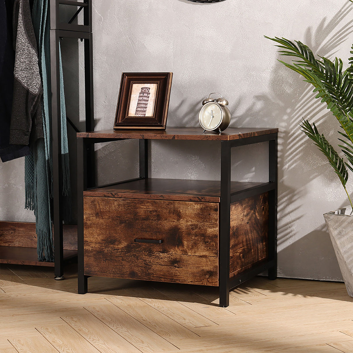 Industrial Bedside Table with Drawer Iron Frame Rustic Wood