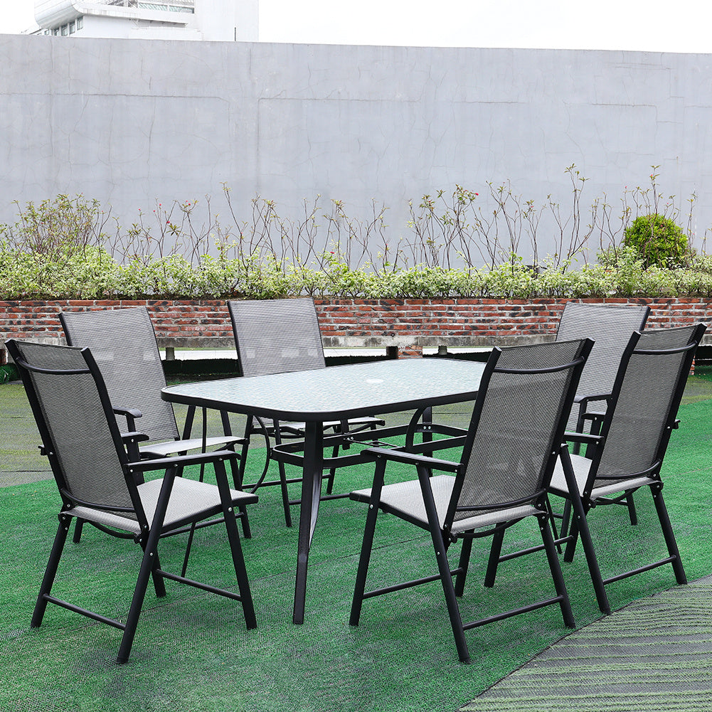 Set of 7 Garden 150CM Ripple Glass Rectangle Umbrella Table and Folding Chairs Set, Black