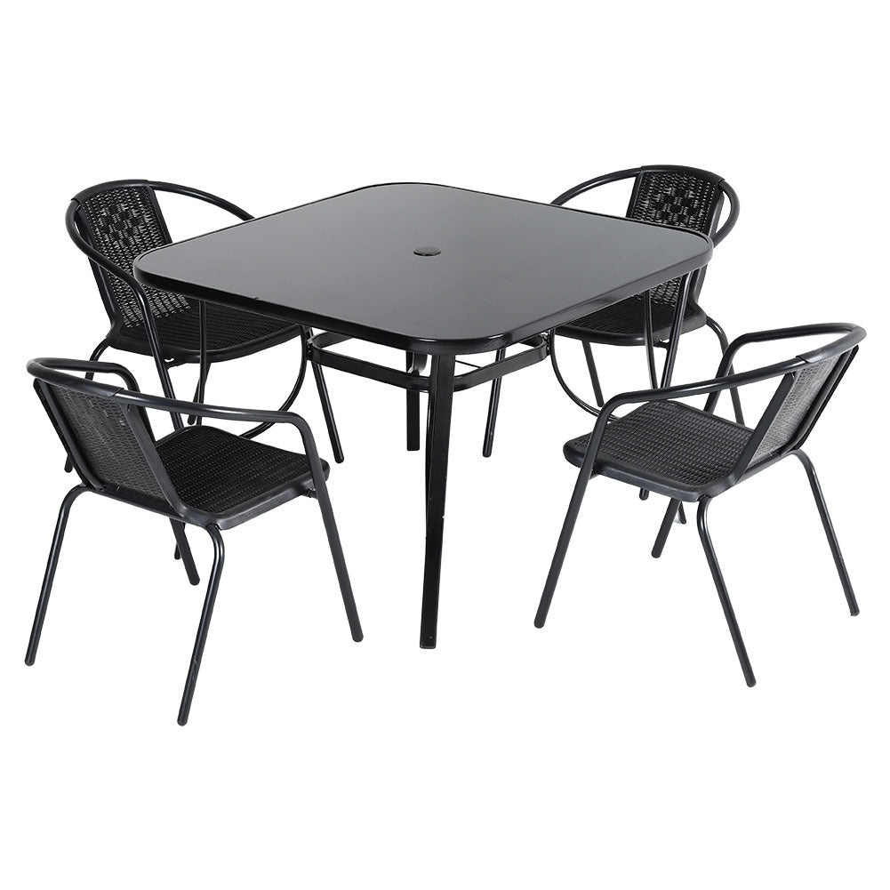 Set of 5 Garden 105CM Patio Glass Umbrella Table and Stackable Chairs Set