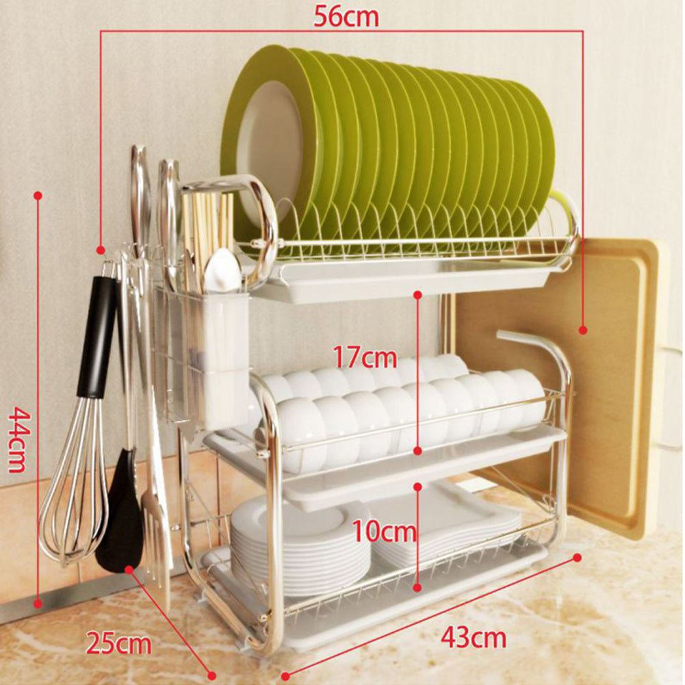 3 Tier Chrome Dish Drying Rack Cutlery Cups Holder with Drip Tray