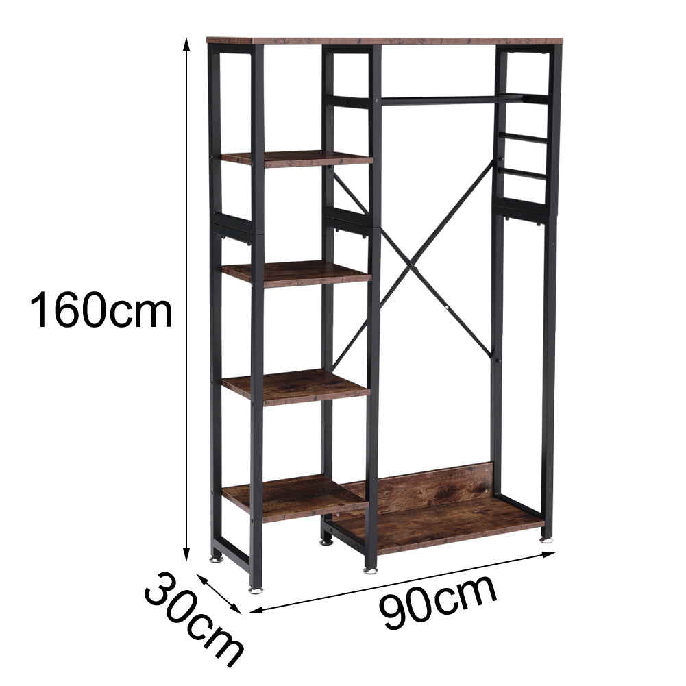 Rustic Brown MDF Clothes Rack with Storage Shelves