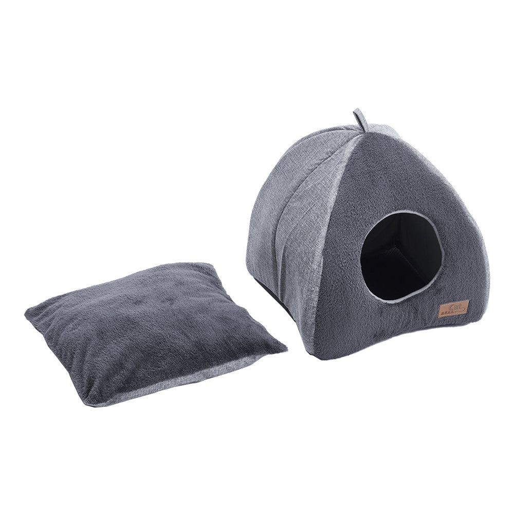 Triangular Large Dog Cat House with Soft Plush Grey Puppy Sleeping Bed Indoor
