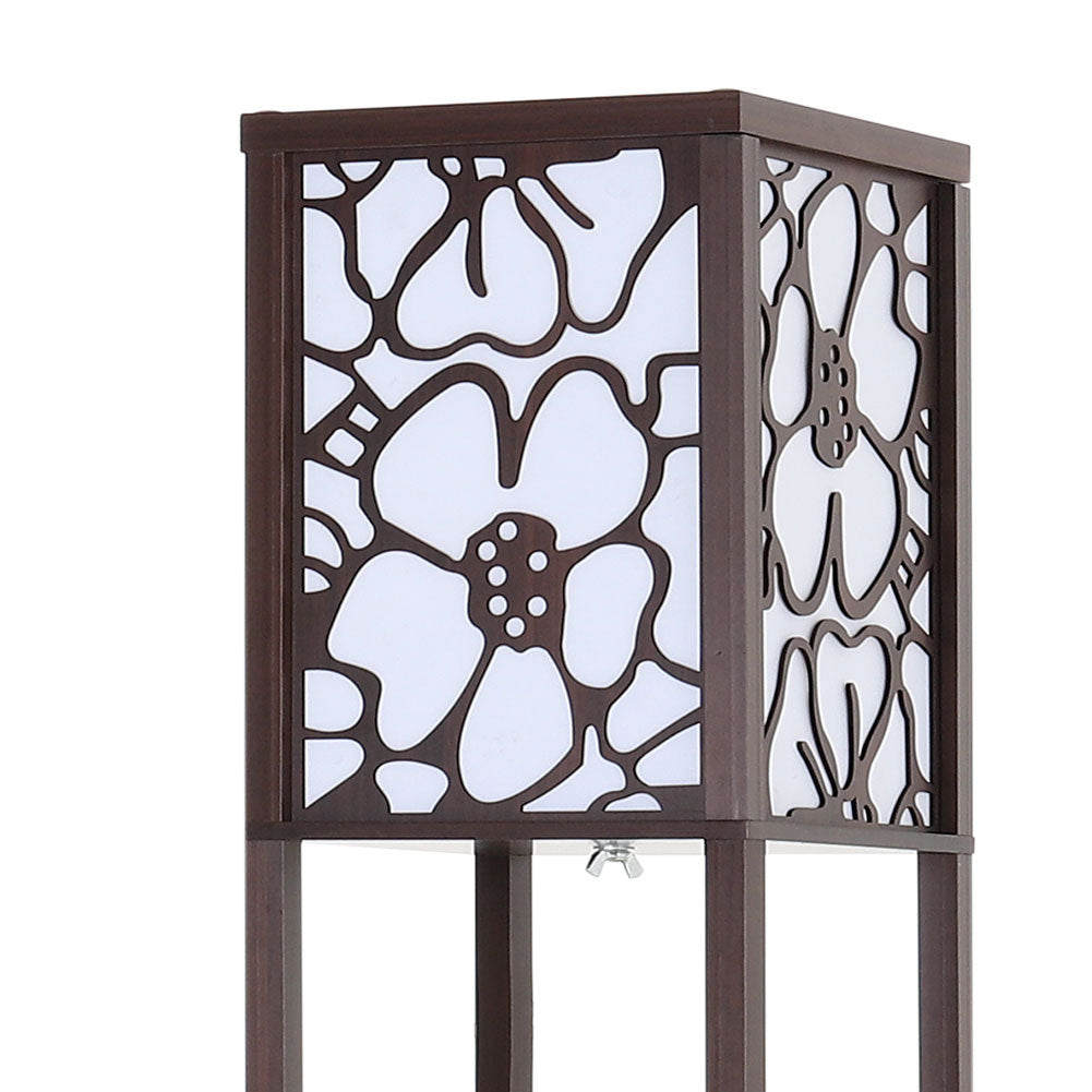 3 in 1 Wooden and Linen Floor Lamp with Shelves,Walnut Flower