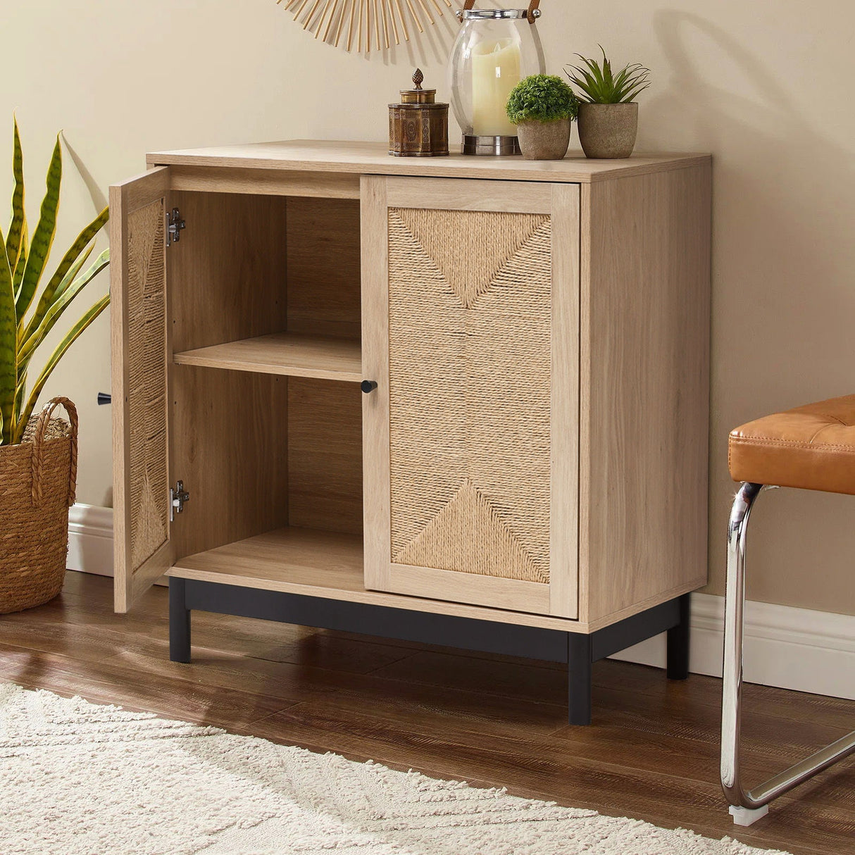 Rustic Wooden Sideboard with Woven Doors
