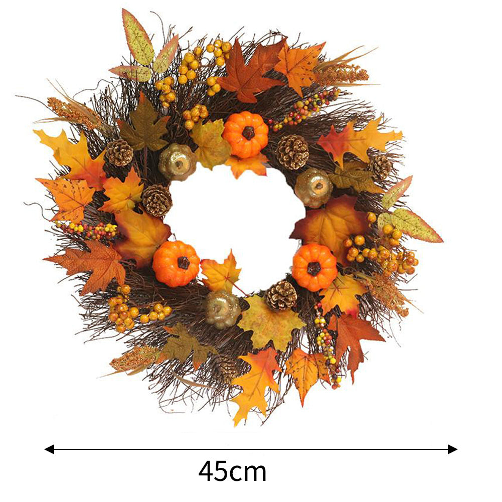 45CM Fall Pumpkin Wreath Autumn Maple Leaf Garland With LED Light