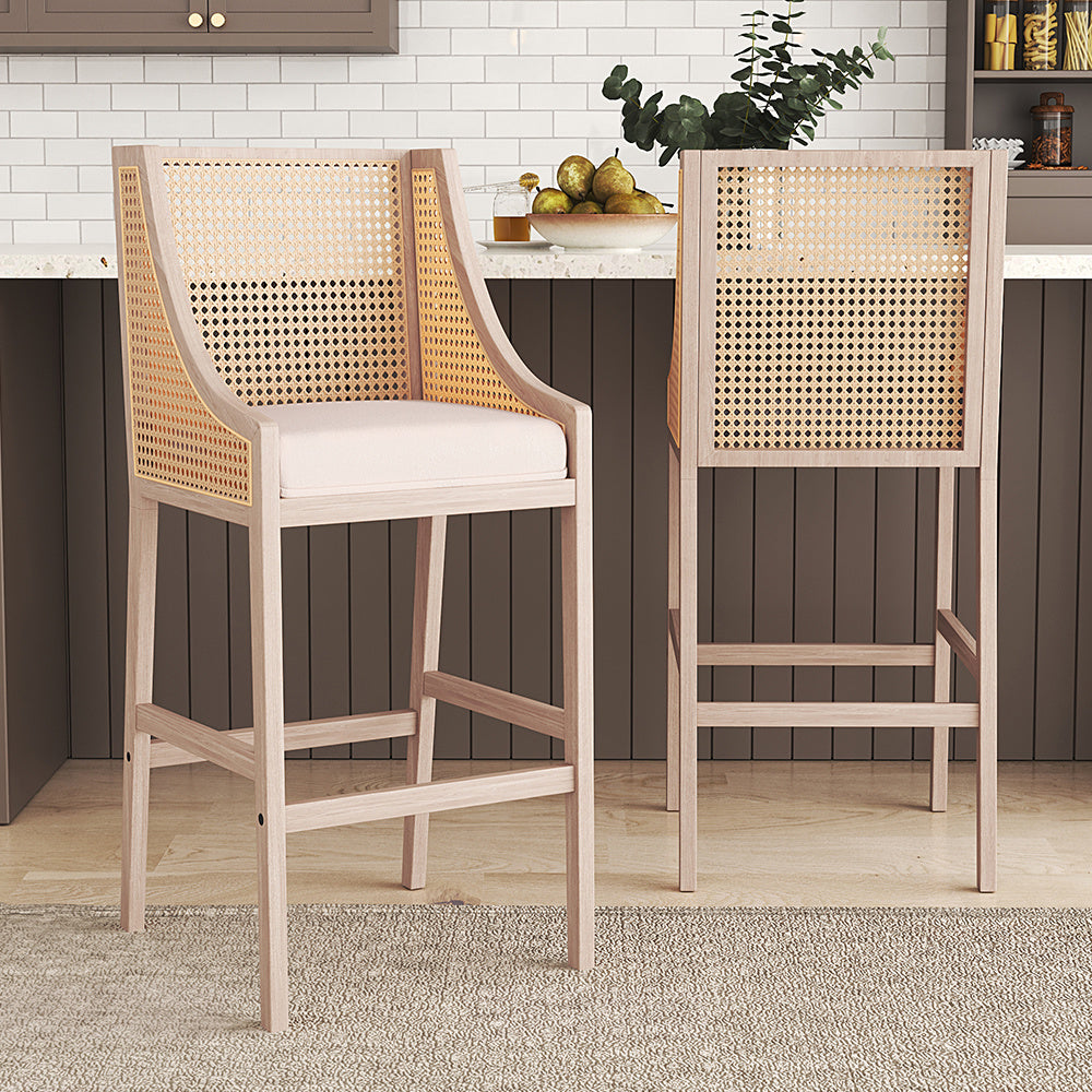 2Pcs Natural Rattan Bar Stools Kitchen Stools with Backrest,White
