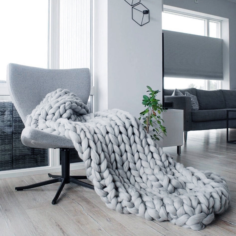 Warm Chunky Wool Yarn Knitted Thick Blanket, Grey 60x60CM