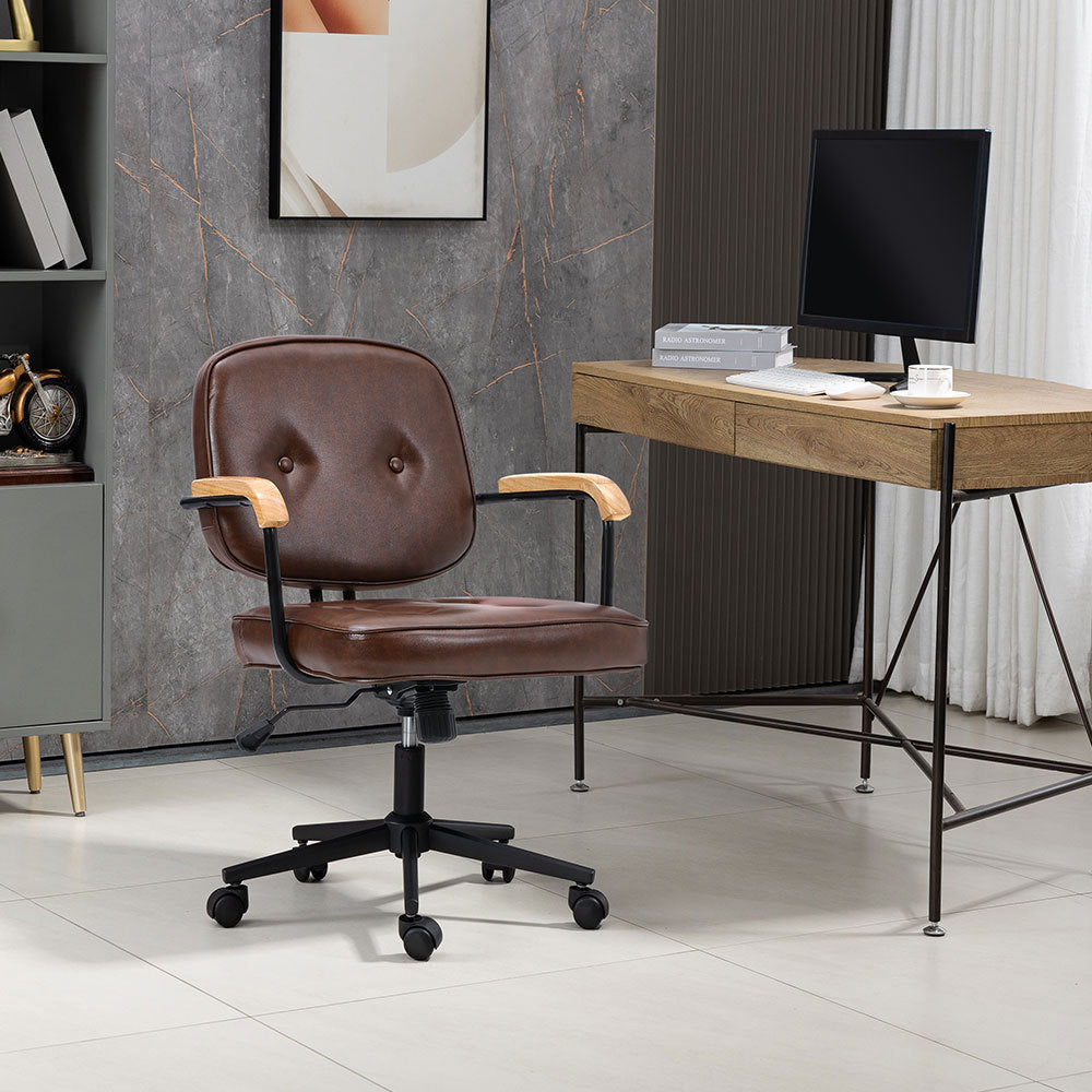 Brown Leather Office Chair with Wood Armrests