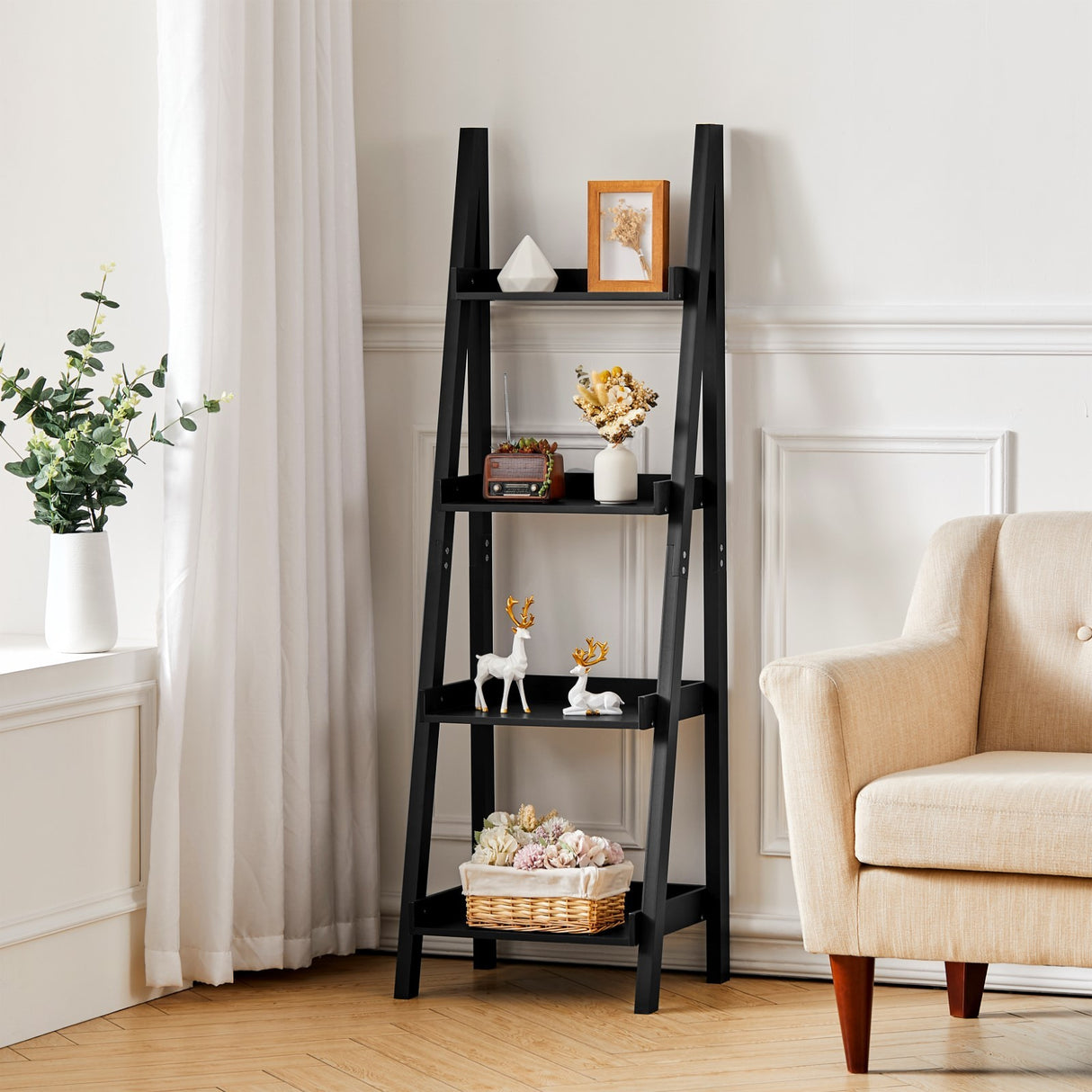 Black Modern Wooden 4-Tier Ladder Shelf
