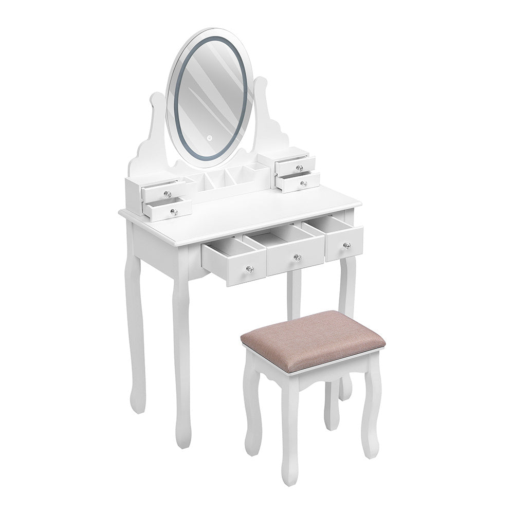 White Dressing Table with Adjustable LED Mirror Crystal Knobs Padded Stool and Storage