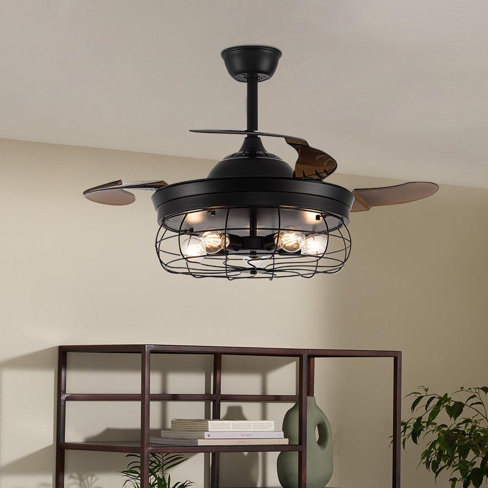 Black Cage Style Ceiling Fan with Lights