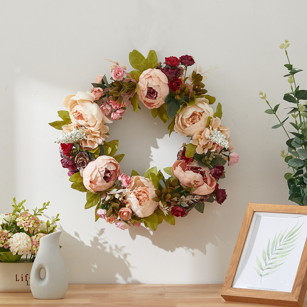 45cm Artificial Peony Mixed Flowers Wreath with Rattan Base