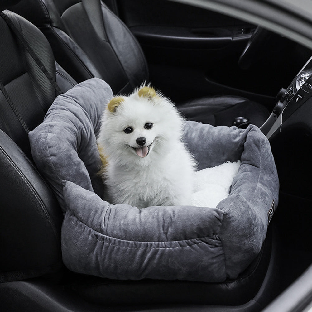 Cozy Dog Car Seat Bed with Storage Pocket and Adjustable Strap Grey