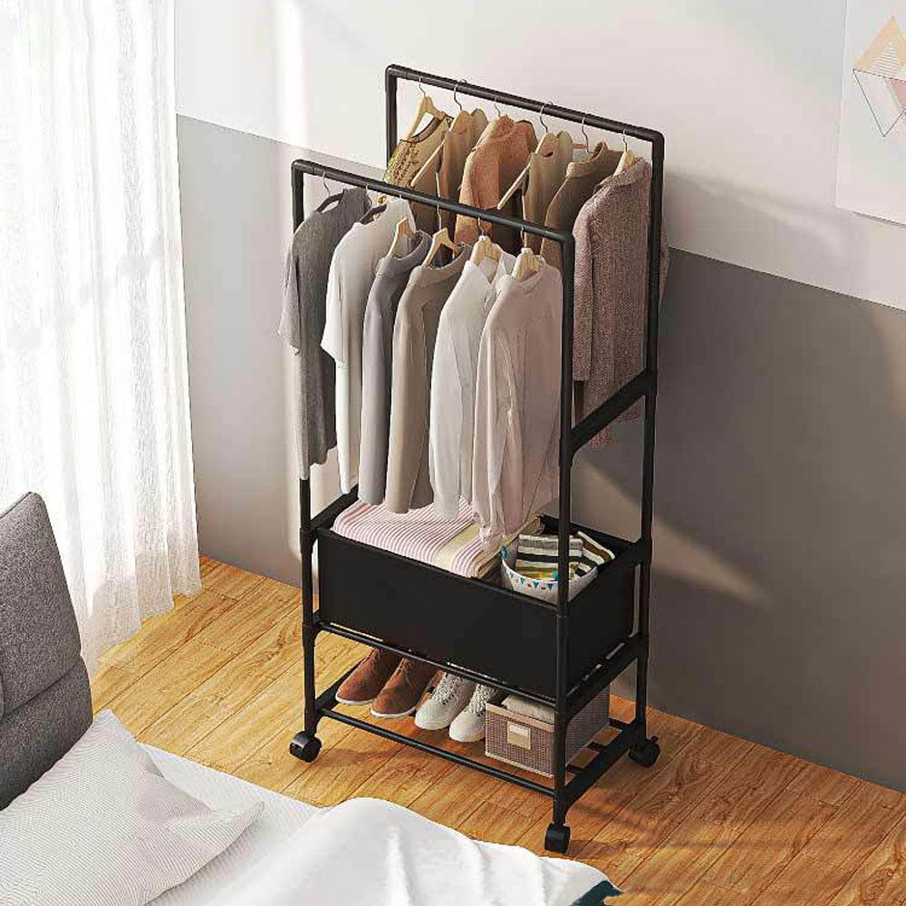 Double Rod Metal Clothes Rack with Laundry Basket