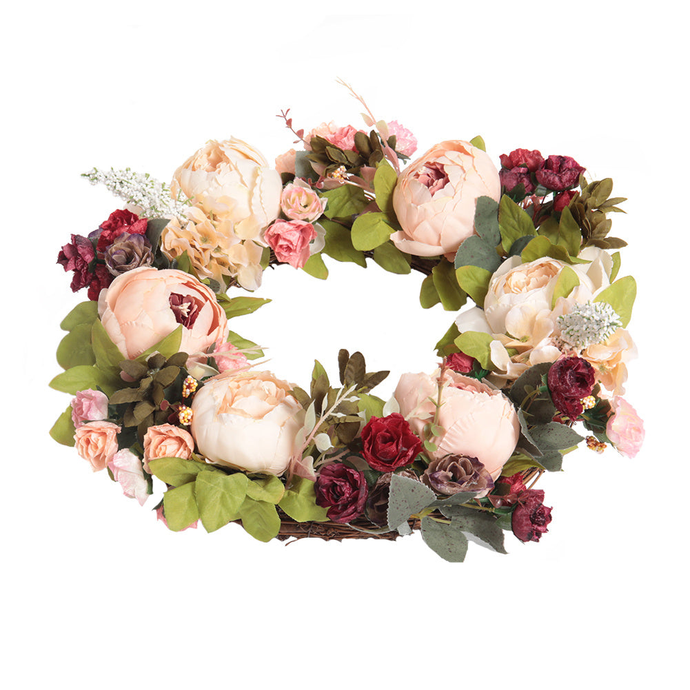 45cm Artificial Peony Mixed Flowers Wreath with Rattan Base
