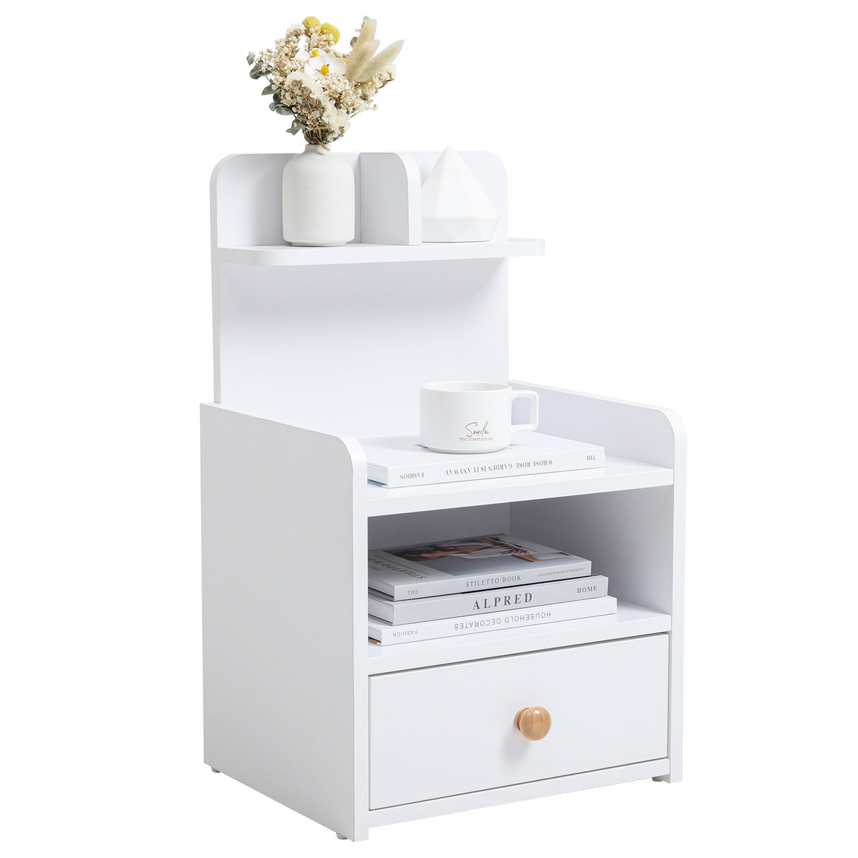 Space Saving Bedside Table with Drawer and Open Shelf White