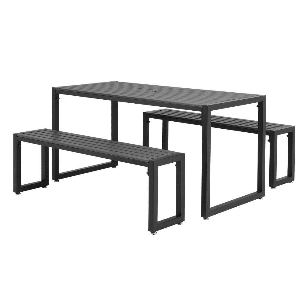 3 Pcs Modern Outdoor Garden Dining Table and Bench Set, Grey