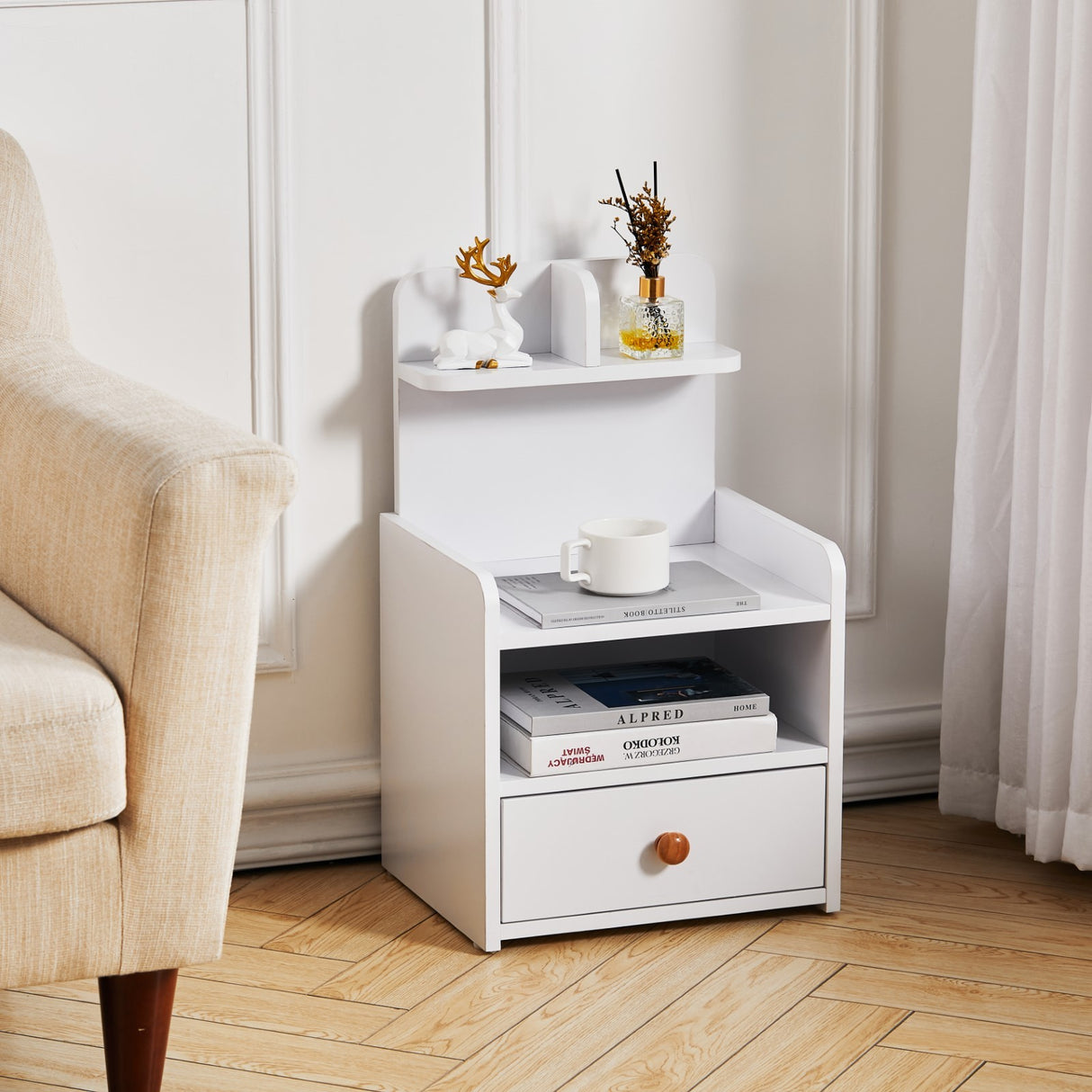 Space Saving Bedside Table with Drawer and Open Shelf White