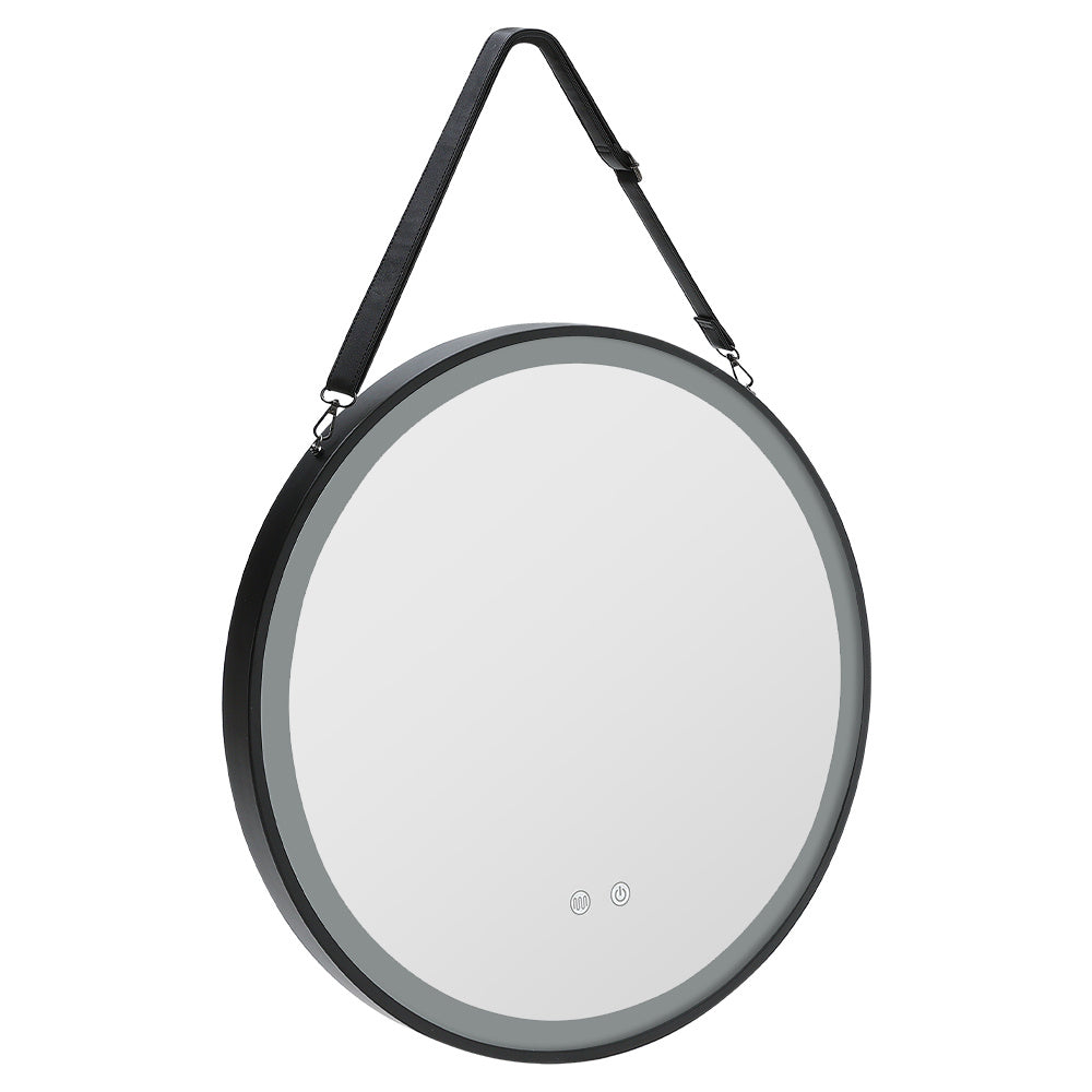 Black 60cm Round Metal LED Mirror with Hanging Strap