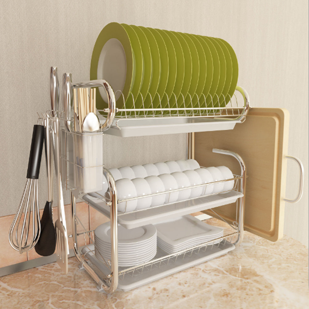 3 Tier Chrome Dish Drying Rack Cutlery Cups Holder with Drip Tray