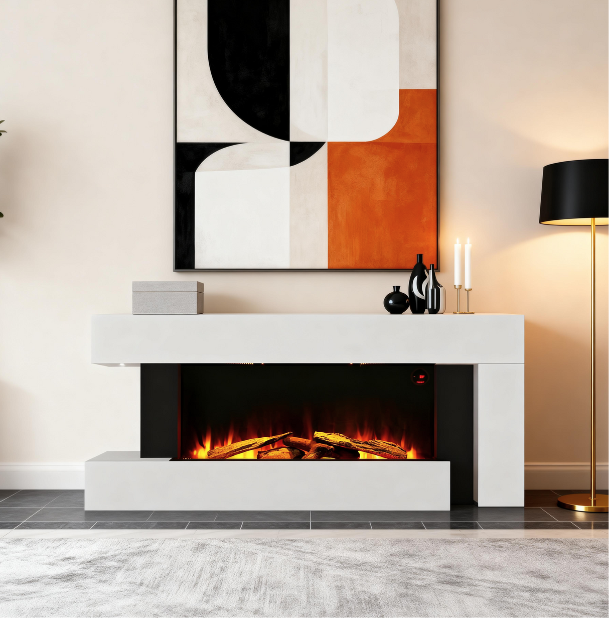 Modern White Electric Fireplace with LED Flame & Remote Control Heater