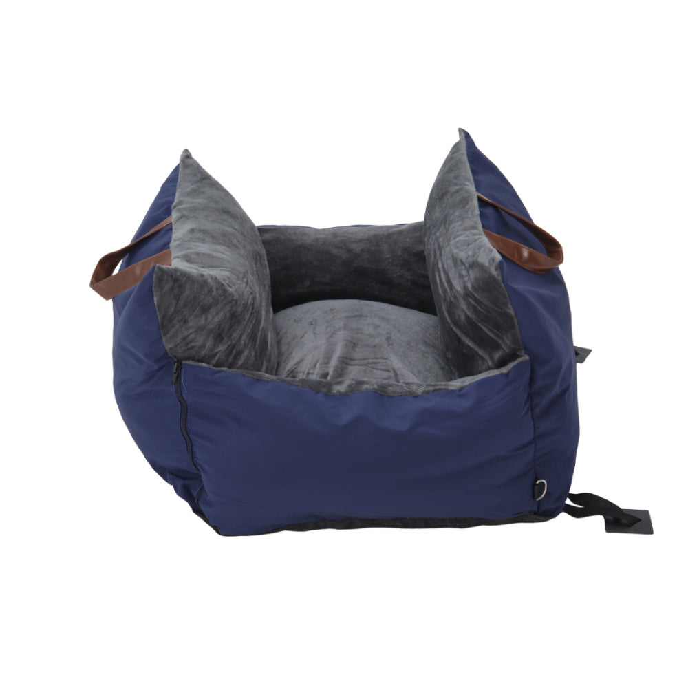 Plush Pet Car Seat Bed with Handle and Adjustable Strap, Blue