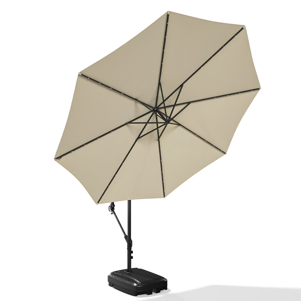 3M Large Garden Hanging LED Parasol Cantilever Sun Shade Banana Umbrella with Rectangular Base, Beige
